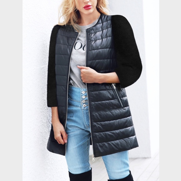 Black Zip Up PU Quilted Vest Jacket - Picture 2 of 8